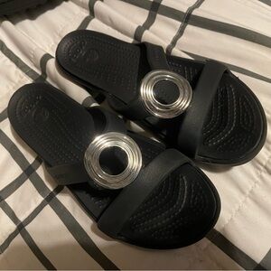 CROCS Black Slide Sandals with Silver Ring Accent